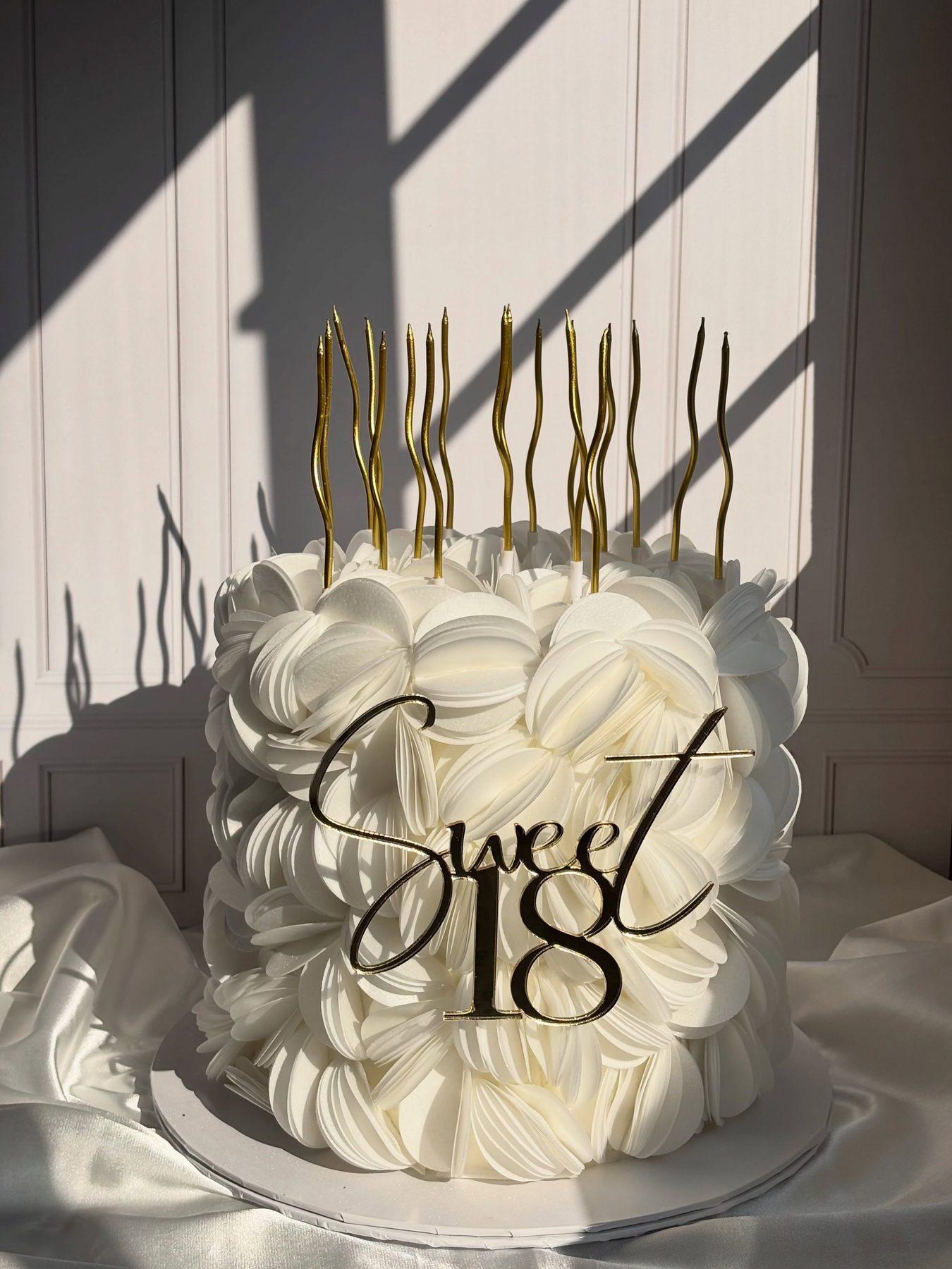 Sweet 18th cake in white with elegant piped detail